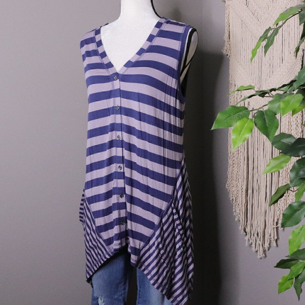 LOGO by Lori Goldstein Navy and Lilac Striped Sleeveless Button Tunic